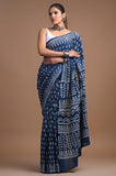 Indigo Regal Mul Cotton Hand Block Printed Saree