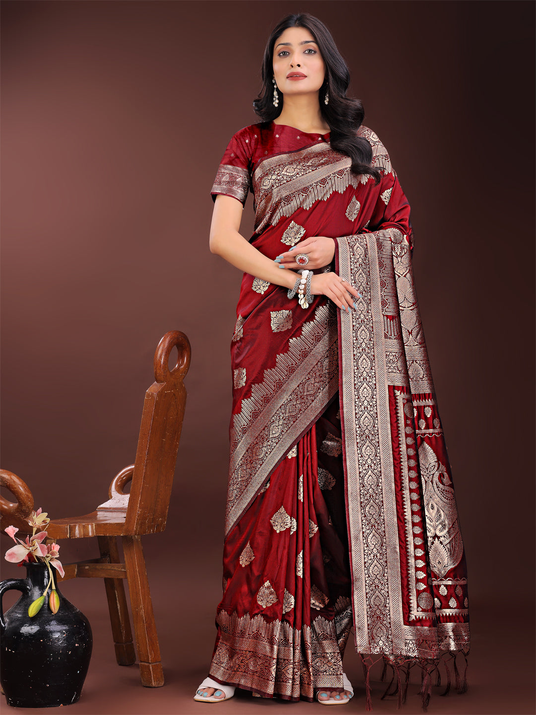 Regalia Silk Maroon Ready To Wear Pocket Saree