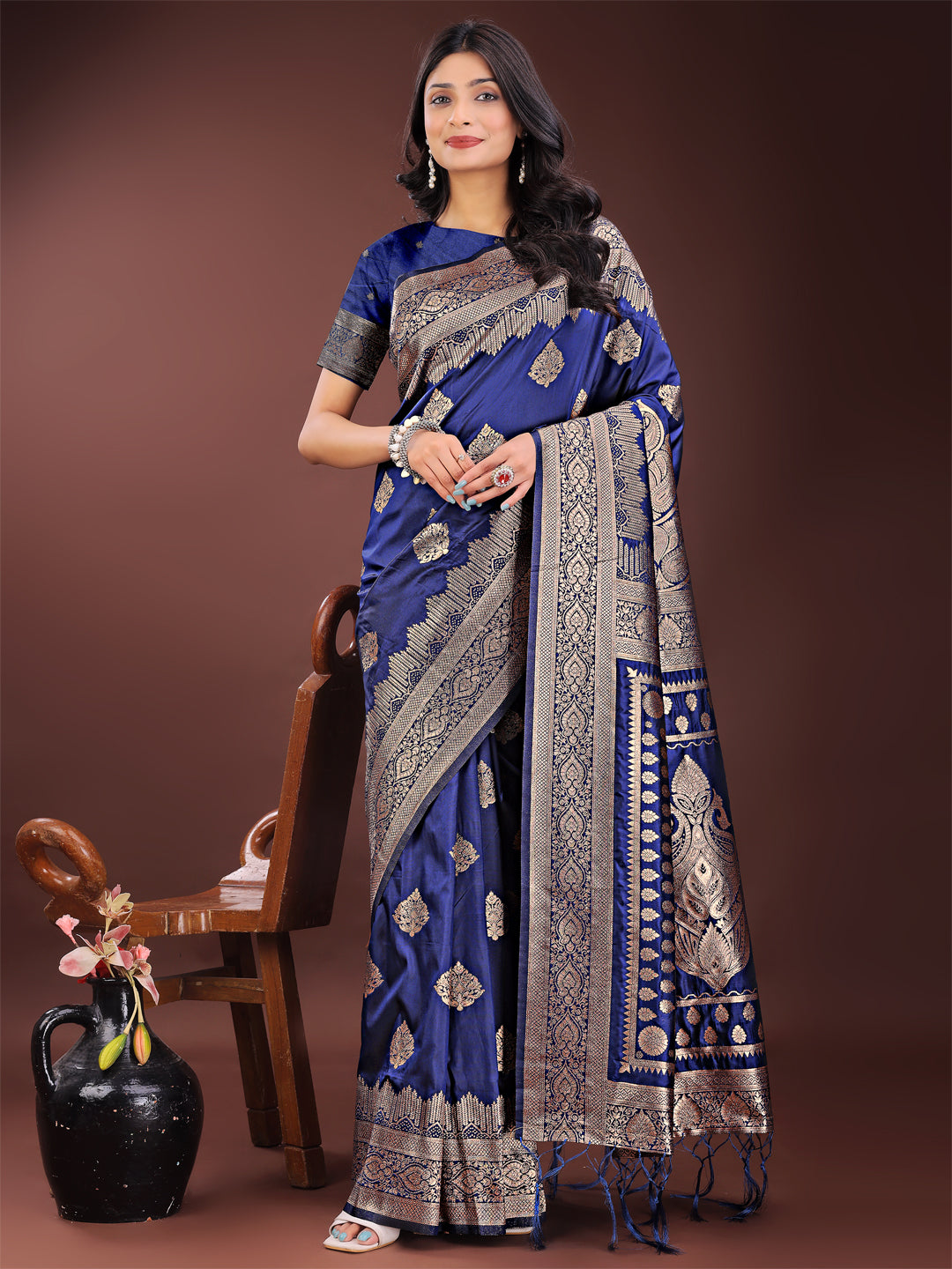 Regalia Silk Navy Blue Ready To Wear Pocket Saree