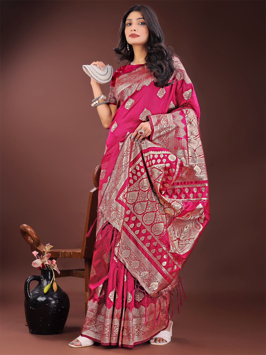 Regalia Silk Magenta Ready To Wear Pocket Saree
