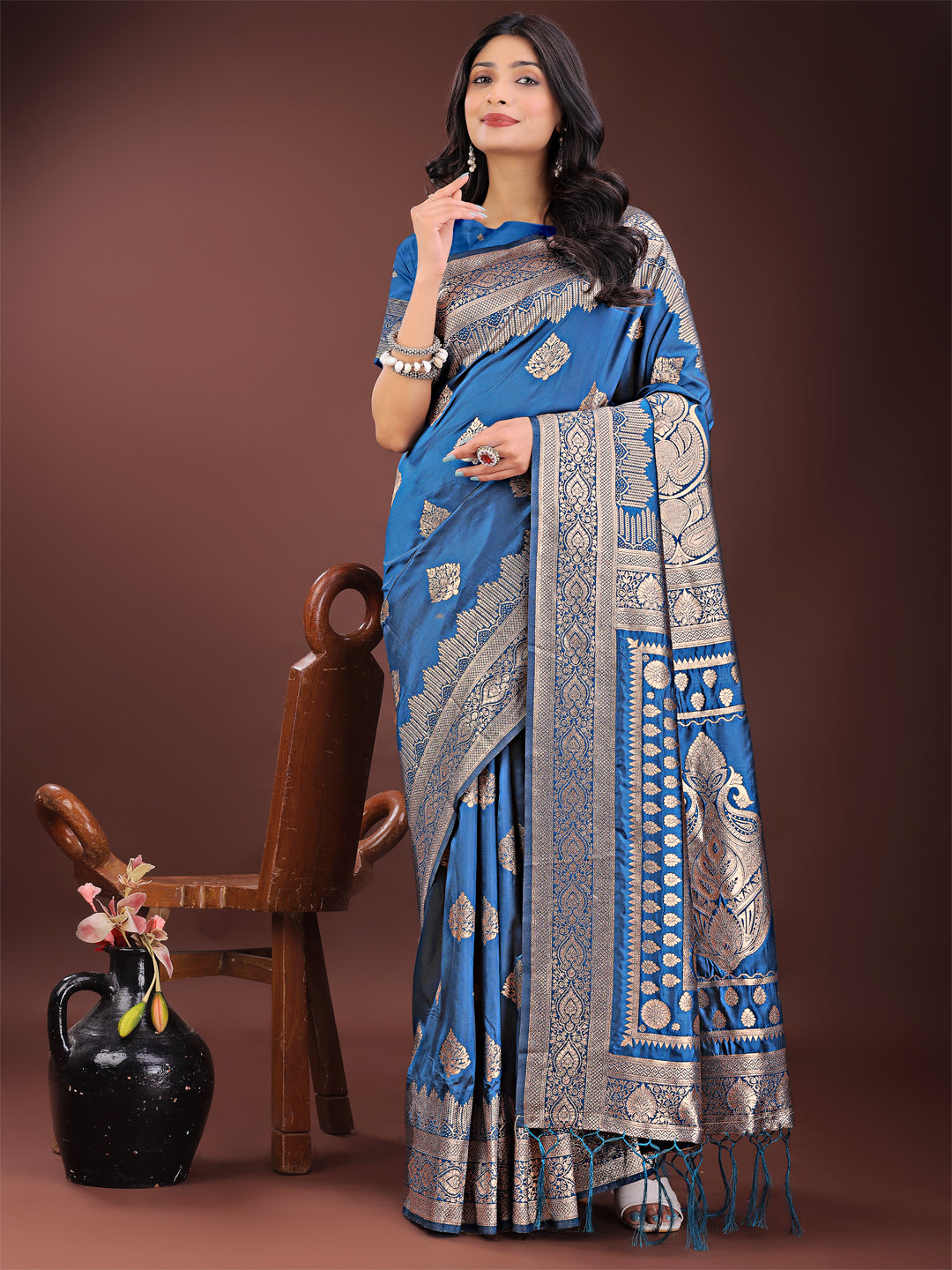 Regalia Silk Blue Ready To Wear Pocket Saree