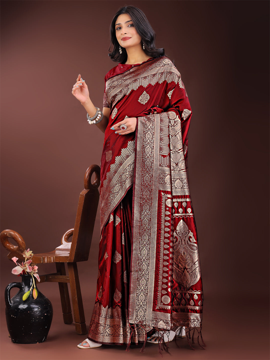 Regalia Silk Maroon Ready To Wear Pocket Saree