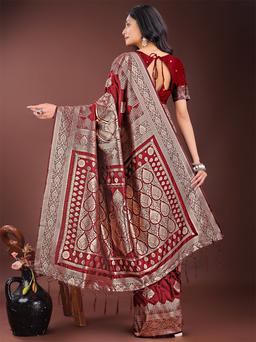 Regalia Silk Maroon Ready To Wear Pocket Saree