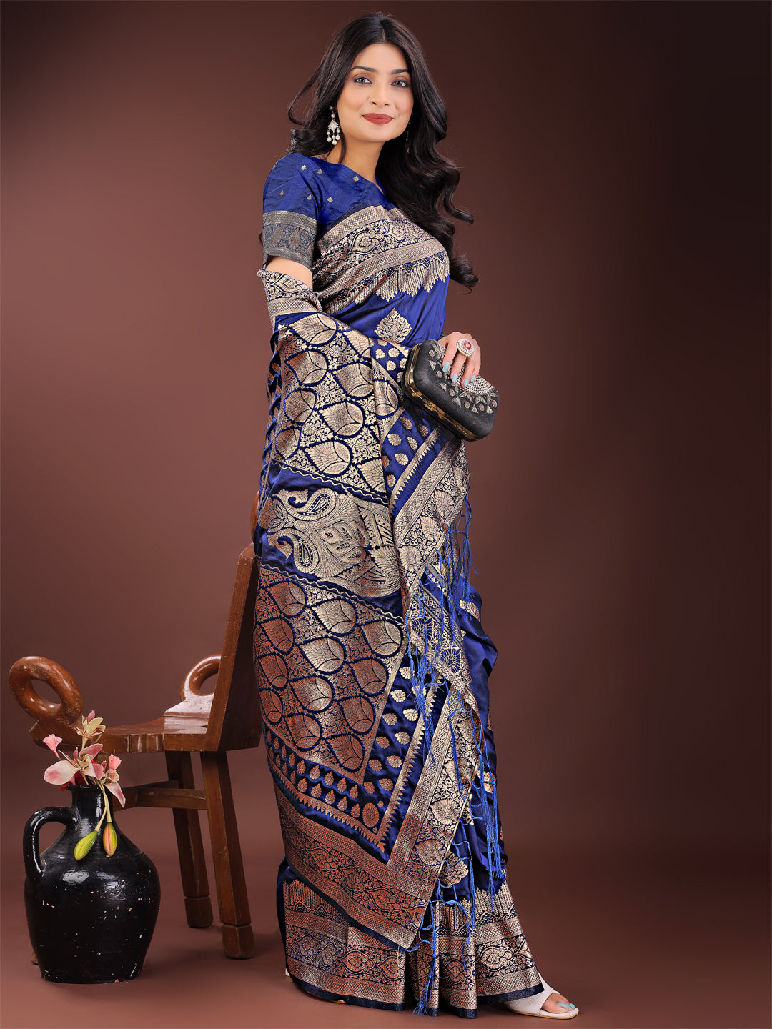 Regalia Silk Navy Blue Ready To Wear Pocket Saree