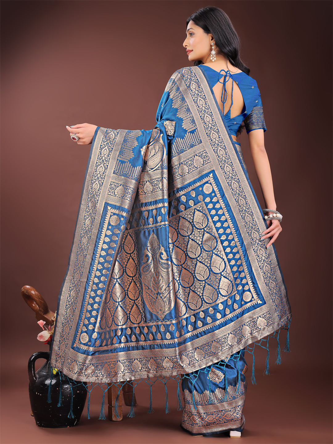 Regalia Silk Blue Ready To Wear Pocket Saree