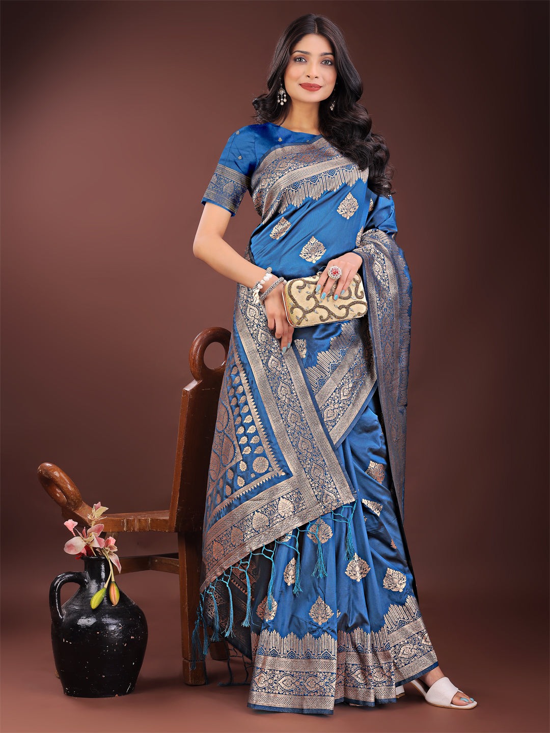 Regalia Silk Blue Ready To Wear Pocket Saree