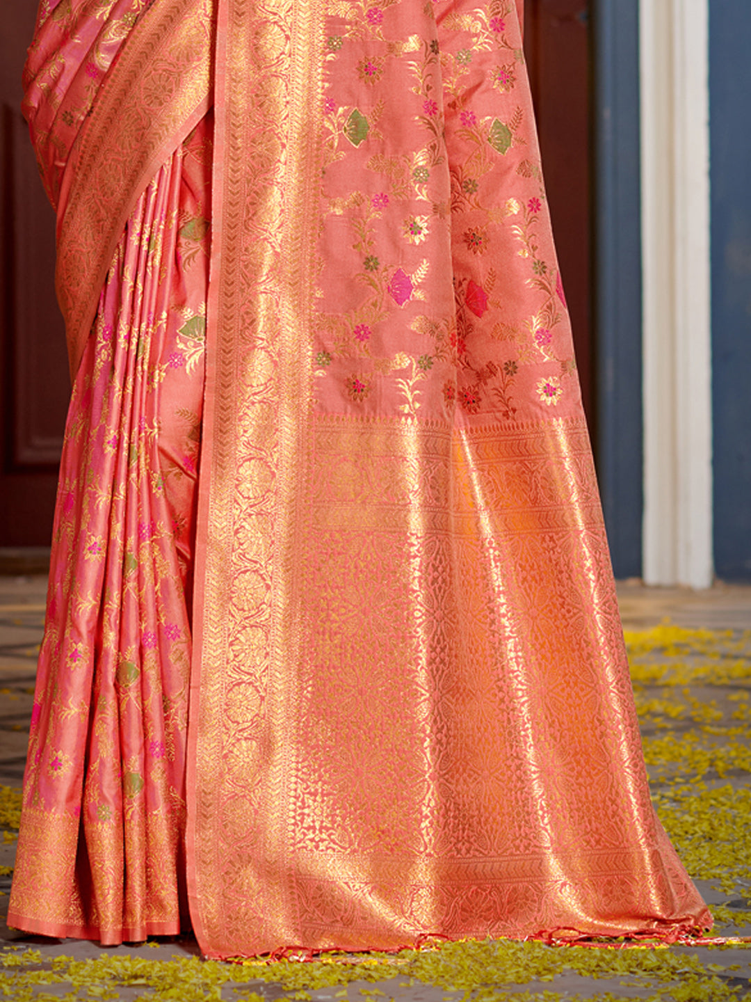Eternal Flora Banarasi Silk (Peach) Ready To Wear Pocket Saree
