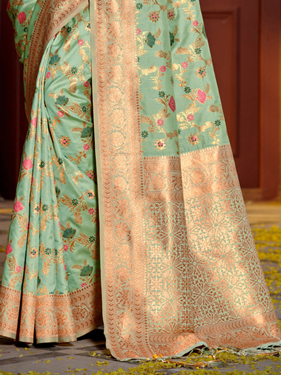 Eternal Flora Banarasi Silk (Sea Green) Ready To Wear Pocket Saree