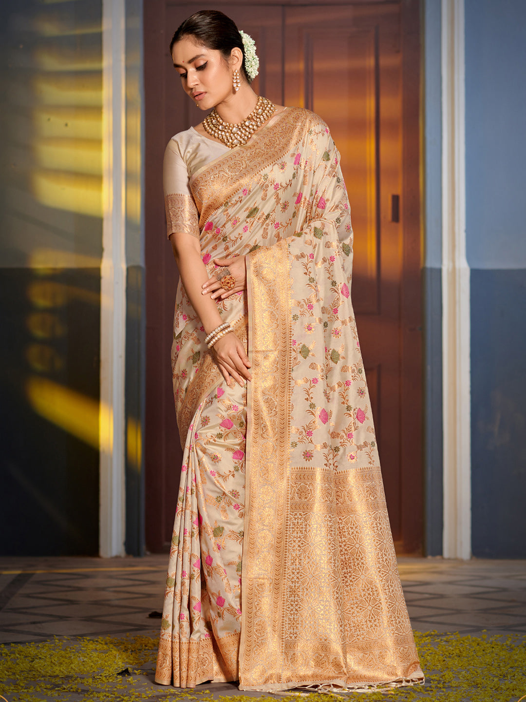 Eternal Flora Banarasi Silk (Cream) Ready To Wear Pocket Saree