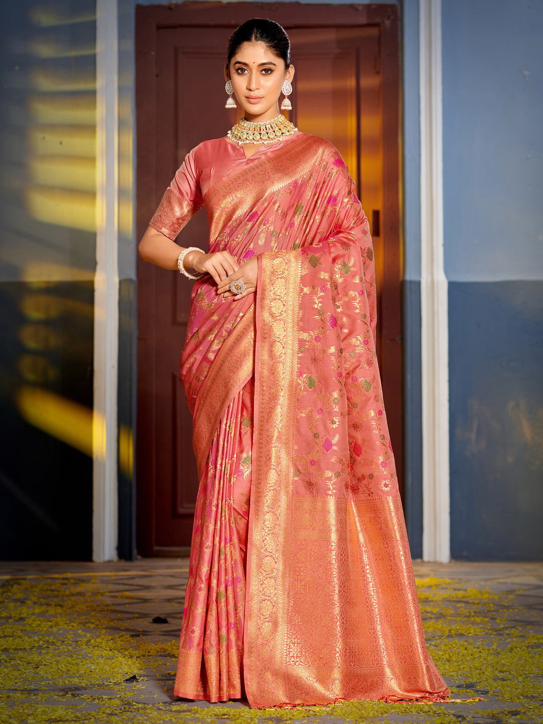 Eternal Flora Banarasi Silk (Peach) Ready To Wear Pocket Saree