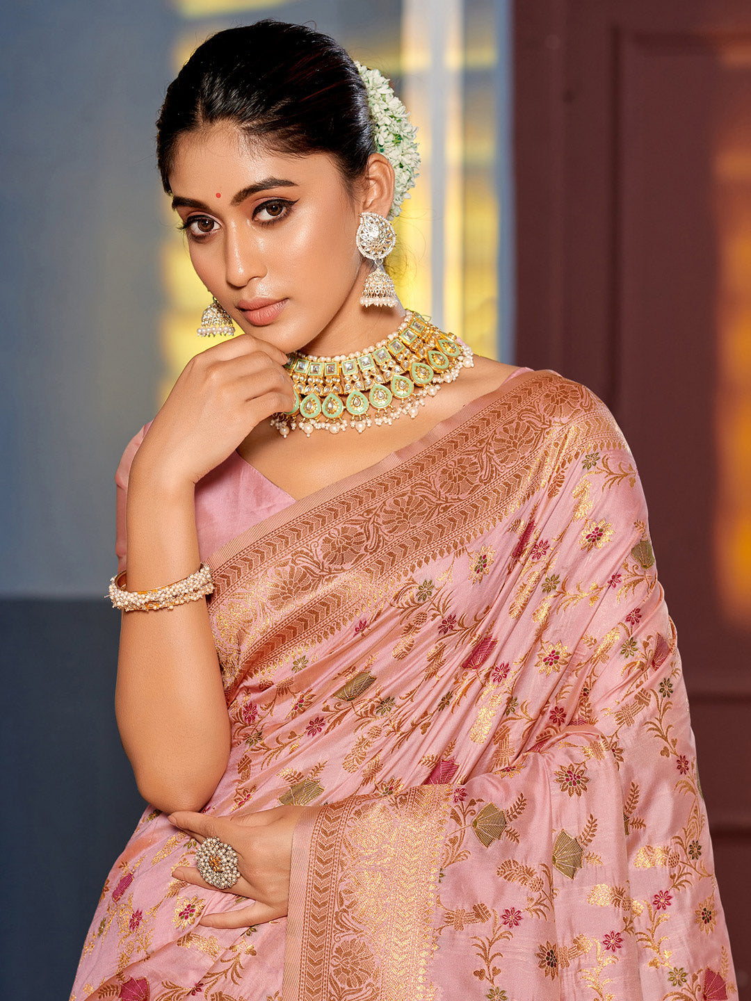 Eternal Flora Banarasi Silk (Pink) Ready To Wear Pocket Saree