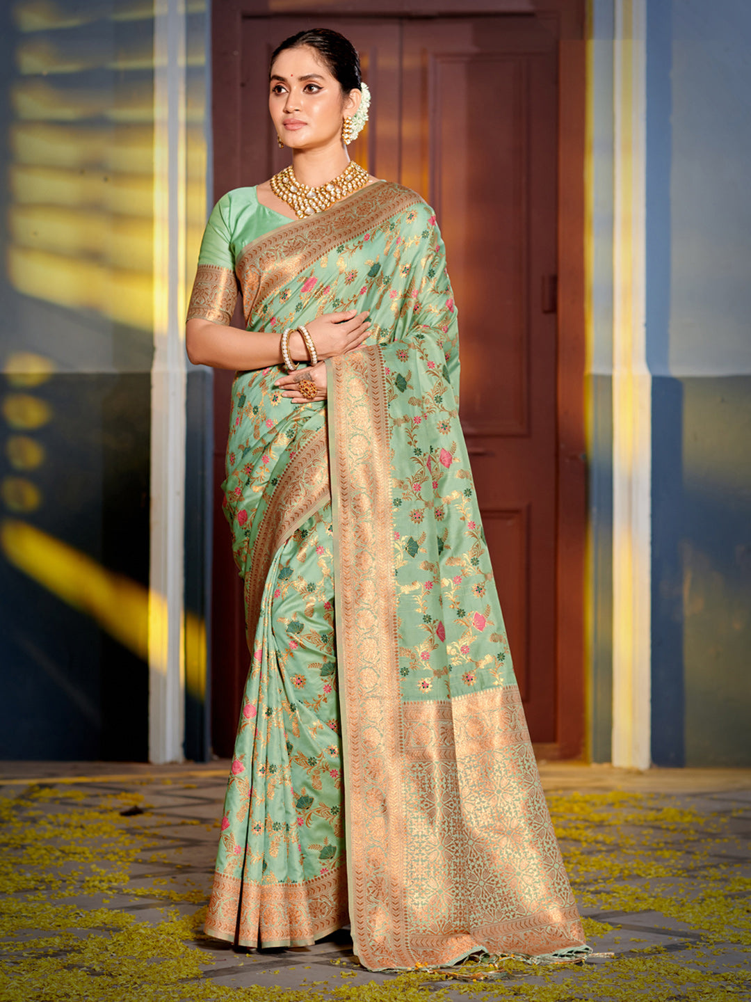 Eternal Flora Banarasi Silk (Sea Green) Ready To Wear Pocket Saree