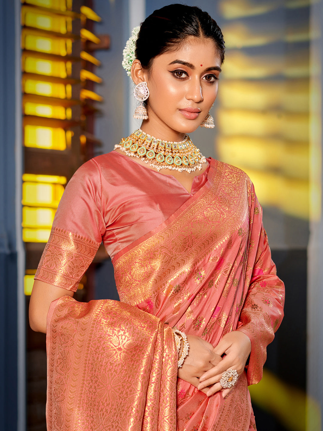 Eternal Flora Banarasi Silk (Peach) Ready To Wear Pocket Saree