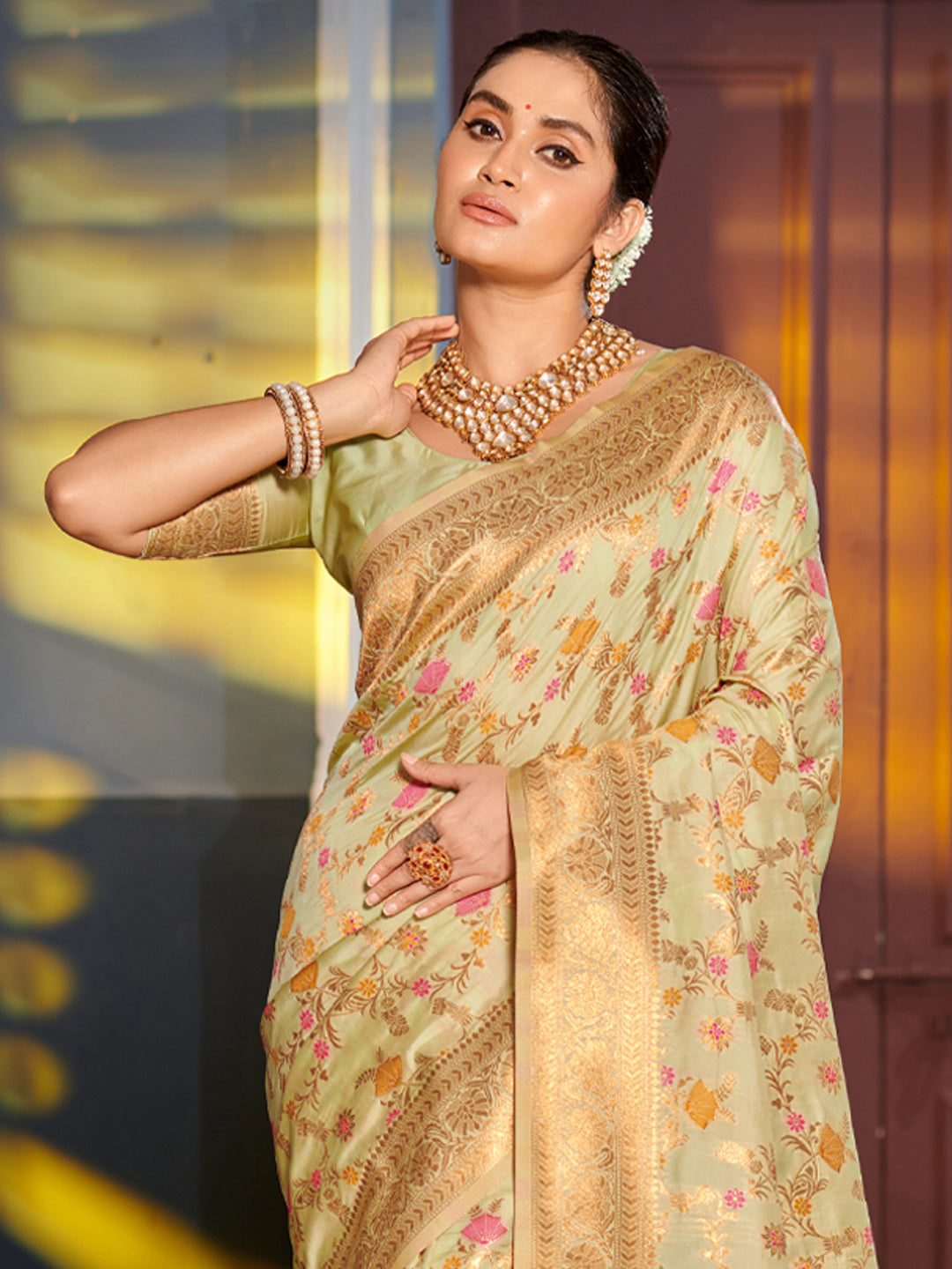 Eternal Flora Banarasi Silk (Pastel Green) Ready To Wear Pocket Saree