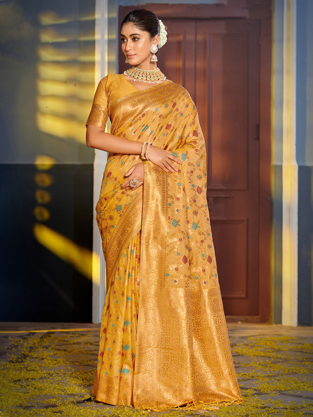 Eternal Flora Banarasi Silk (Yellow) Ready To Wear Pocket Saree