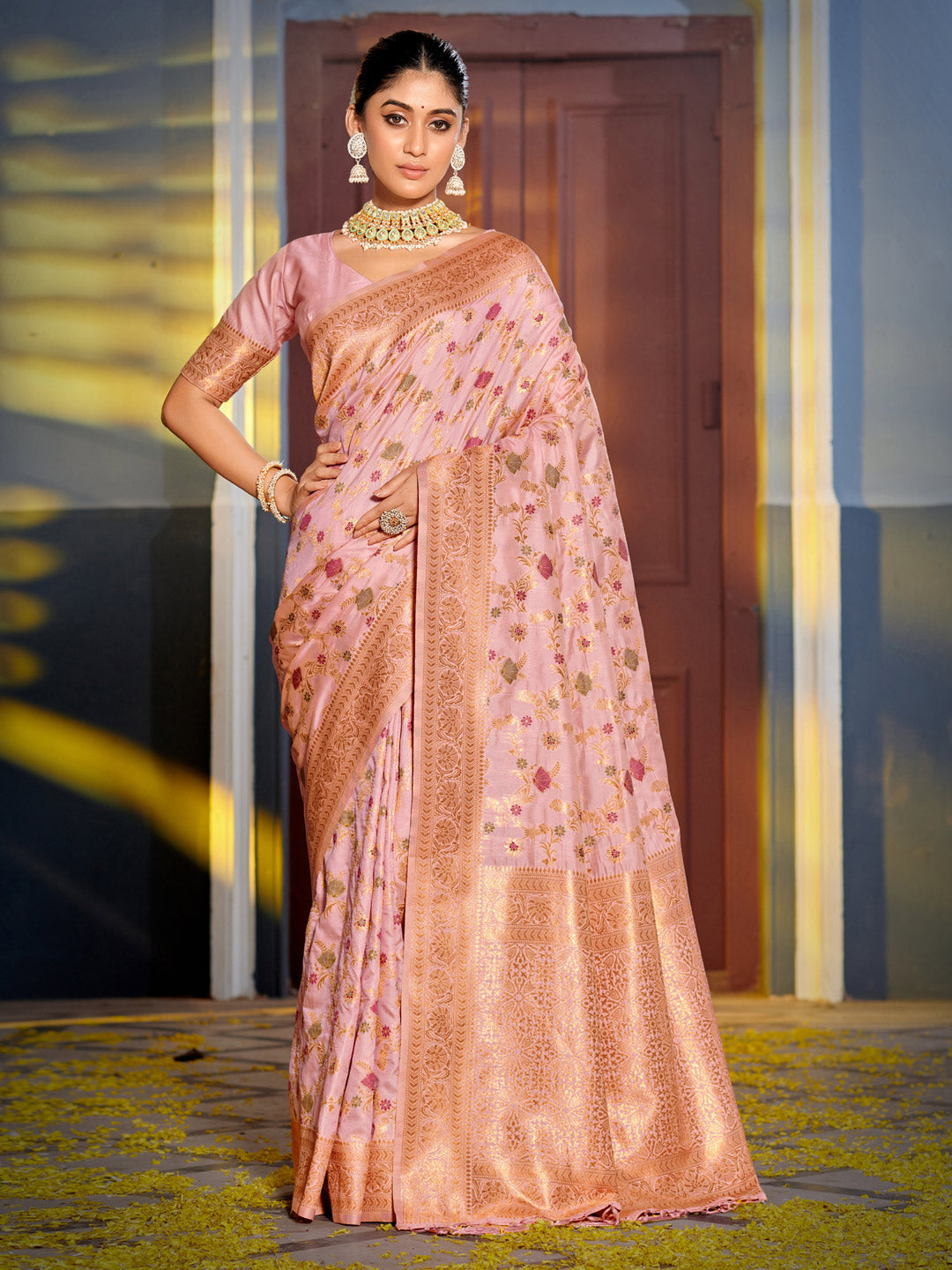 Eternal Flora Banarasi Silk (Pink) Ready To Wear Pocket Saree