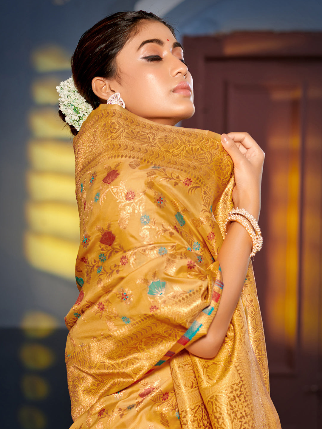 Eternal Flora Banarasi Silk (Yellow) Ready To Wear Pocket Saree