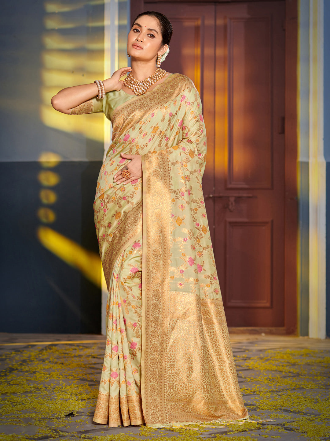 Eternal Flora Banarasi Silk (Pastel Green) Ready To Wear Pocket Saree