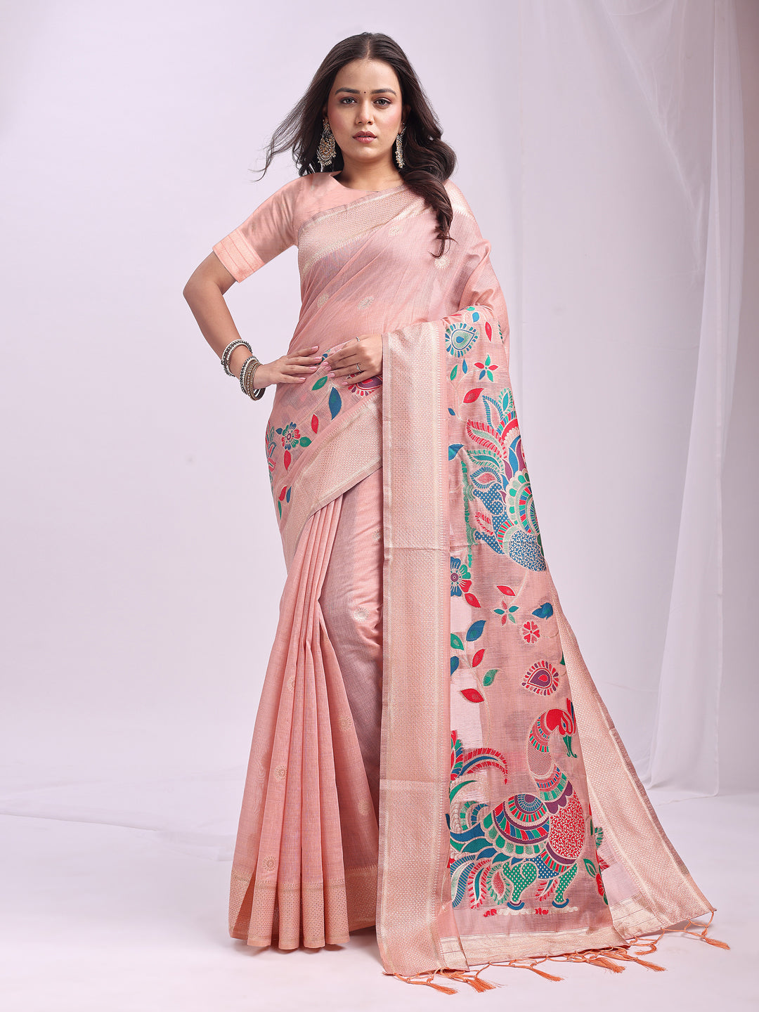 Mayurika Linen Cotton (Pink) Ready To Wear Pocket Saree