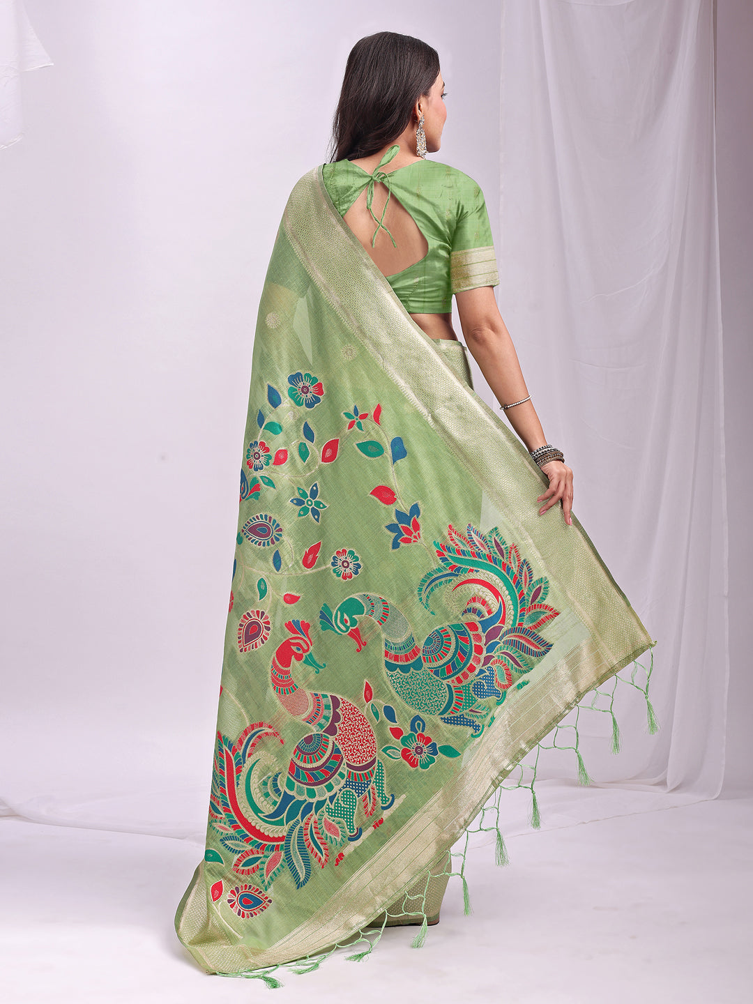 Mayurika Linen Cotton (Light Green) Ready To Wear Pocket Saree