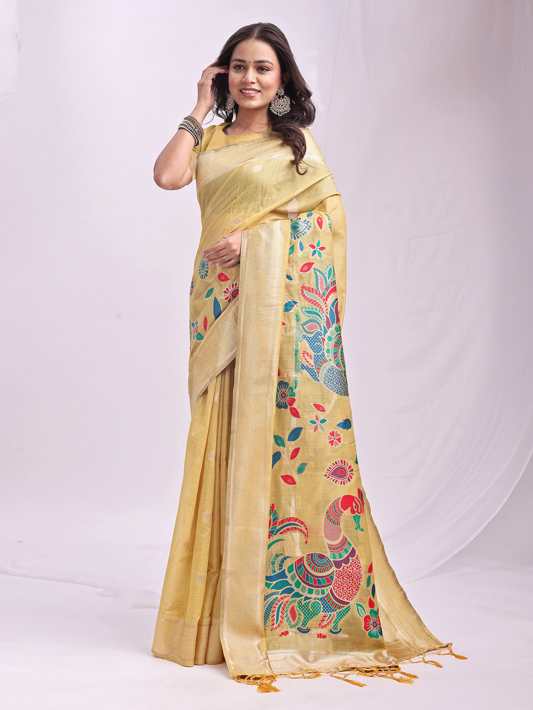 Mayurika Linen Cotton (Yellow) Ready To Wear Pocket Saree
