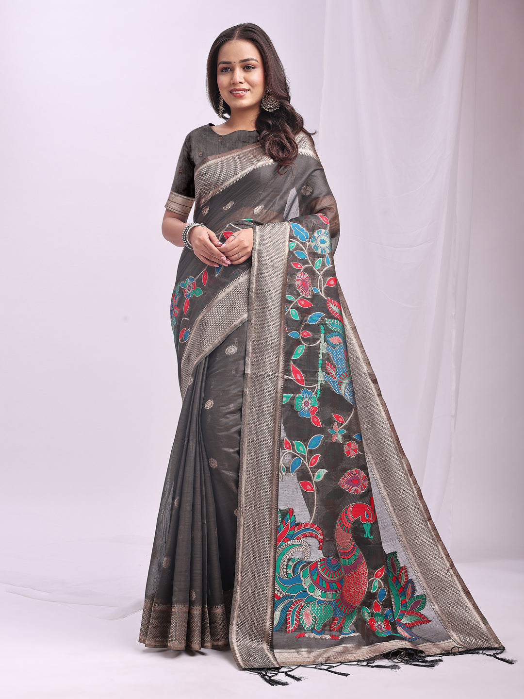 Mayurika Linen Cotton (Grey) Ready To Wear Pocket Saree