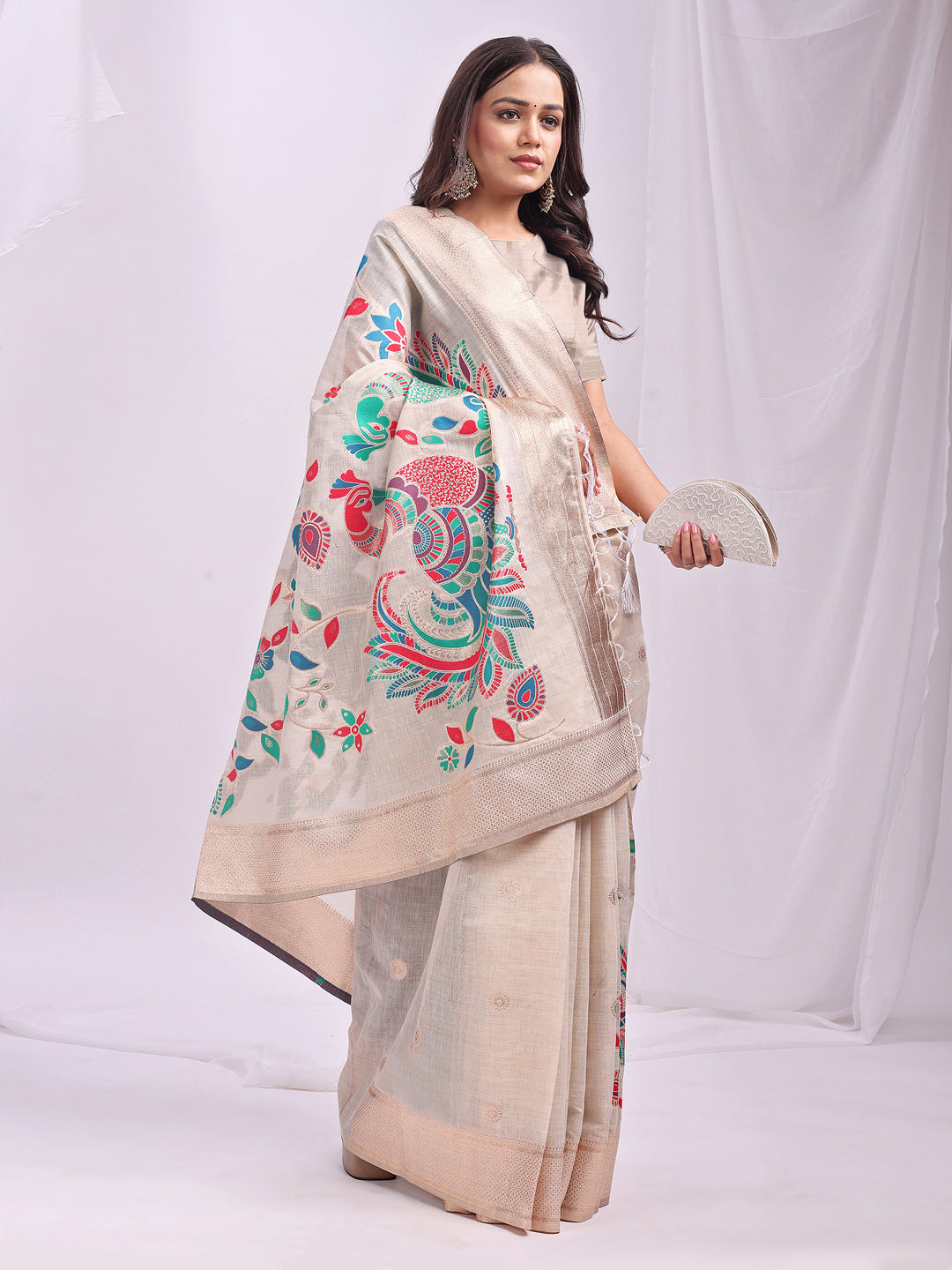 Mayurika Linen Cotton (Cream) Ready To Wear Pocket Saree