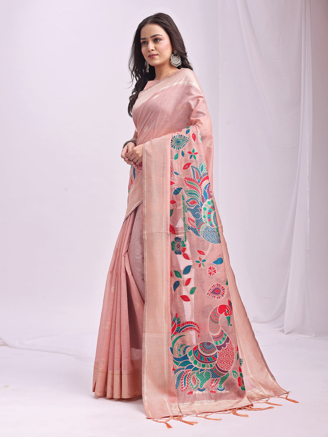 Mayurika Linen Cotton (Pink) Ready To Wear Pocket Saree