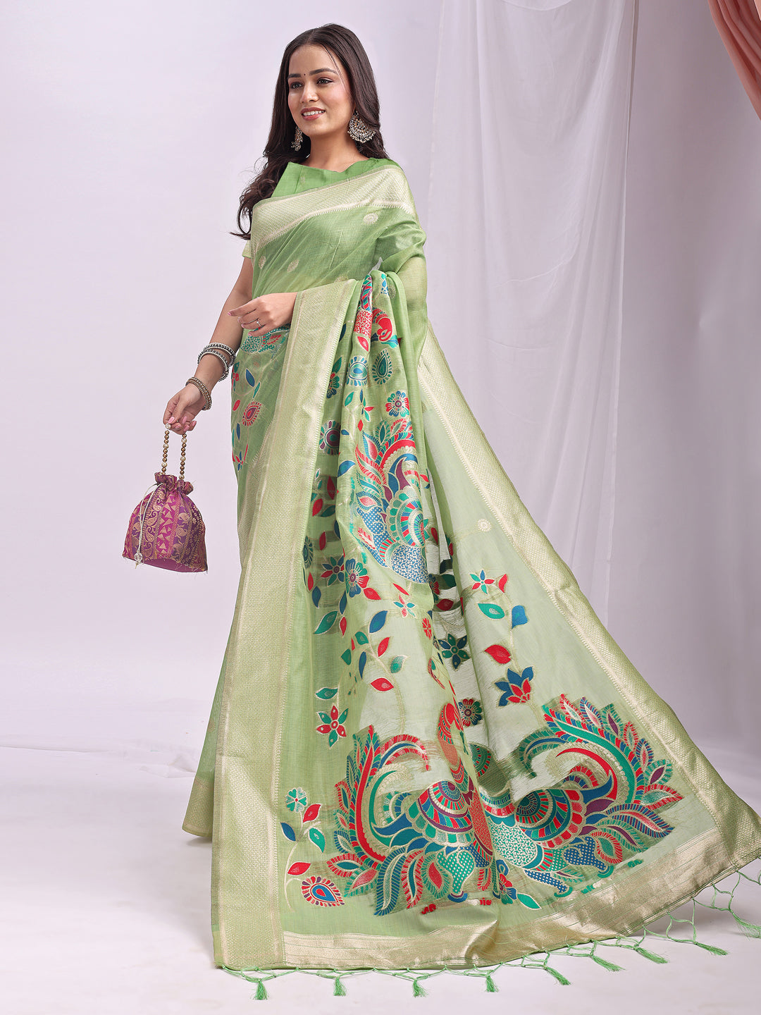 Mayurika Linen Cotton (Light Green) Ready To Wear Pocket Saree