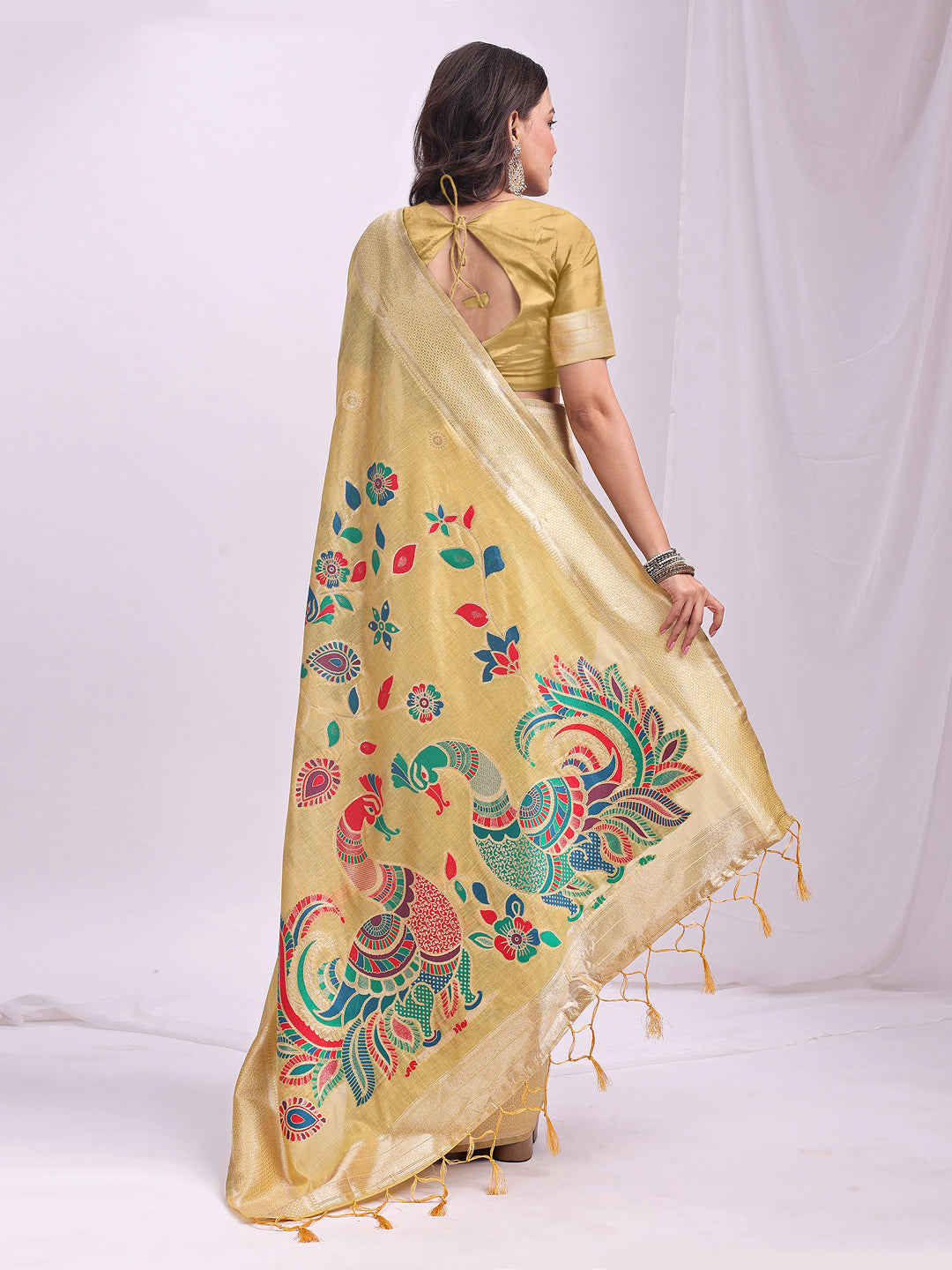 Mayurika Linen Cotton (Yellow) Ready To Wear Pocket Saree