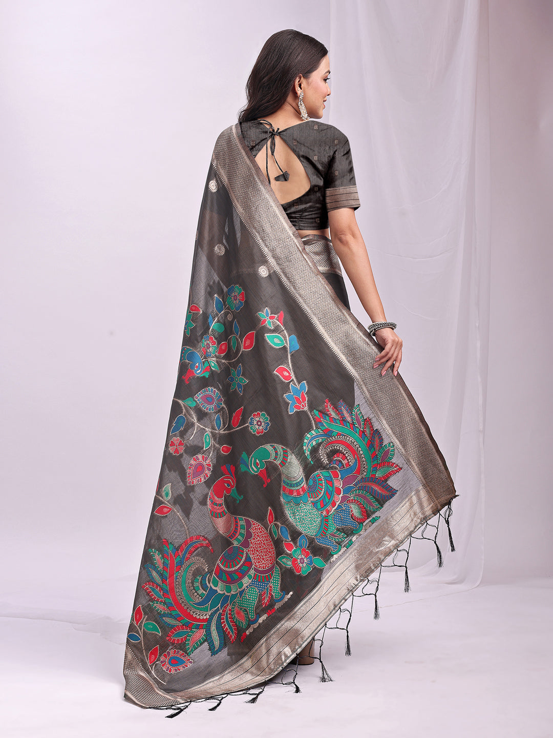 Mayurika Linen Cotton (Grey) Ready To Wear Pocket Saree