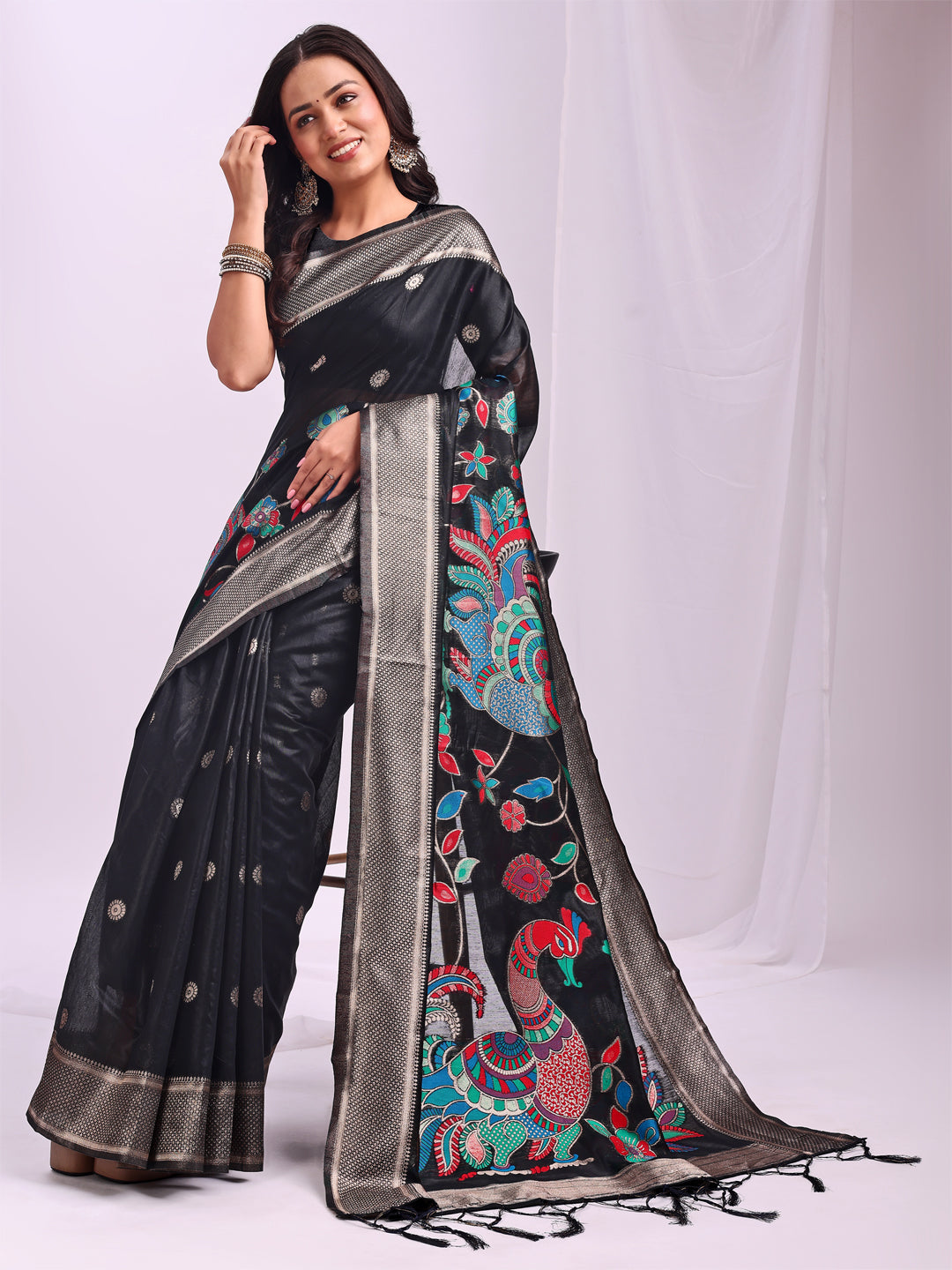 Mayurika Linen Cotton (Black) Ready To Wear Pocket Saree