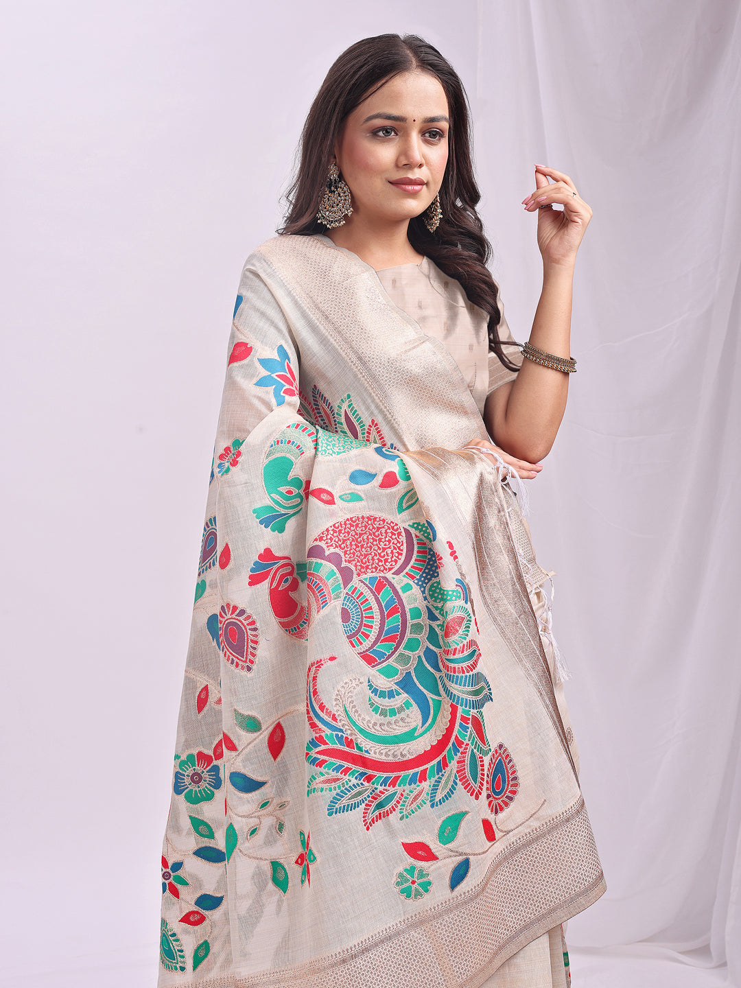 Mayurika Linen Cotton (Cream) Ready To Wear Pocket Saree