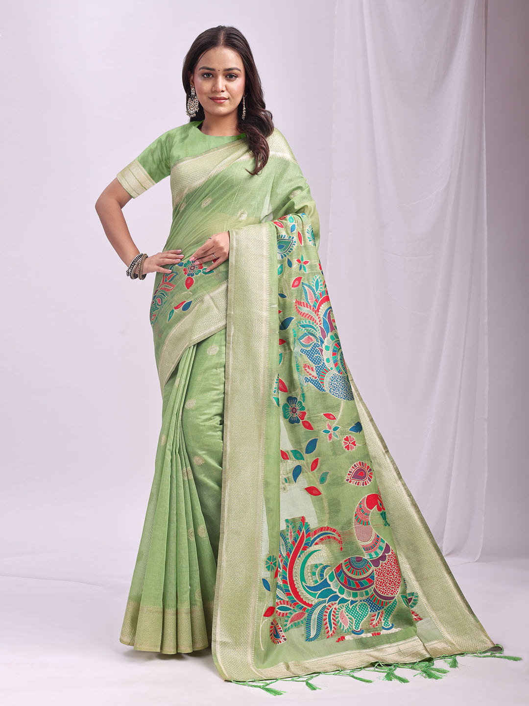 Mayurika Linen Cotton (Light Green) Ready To Wear Pocket Saree
