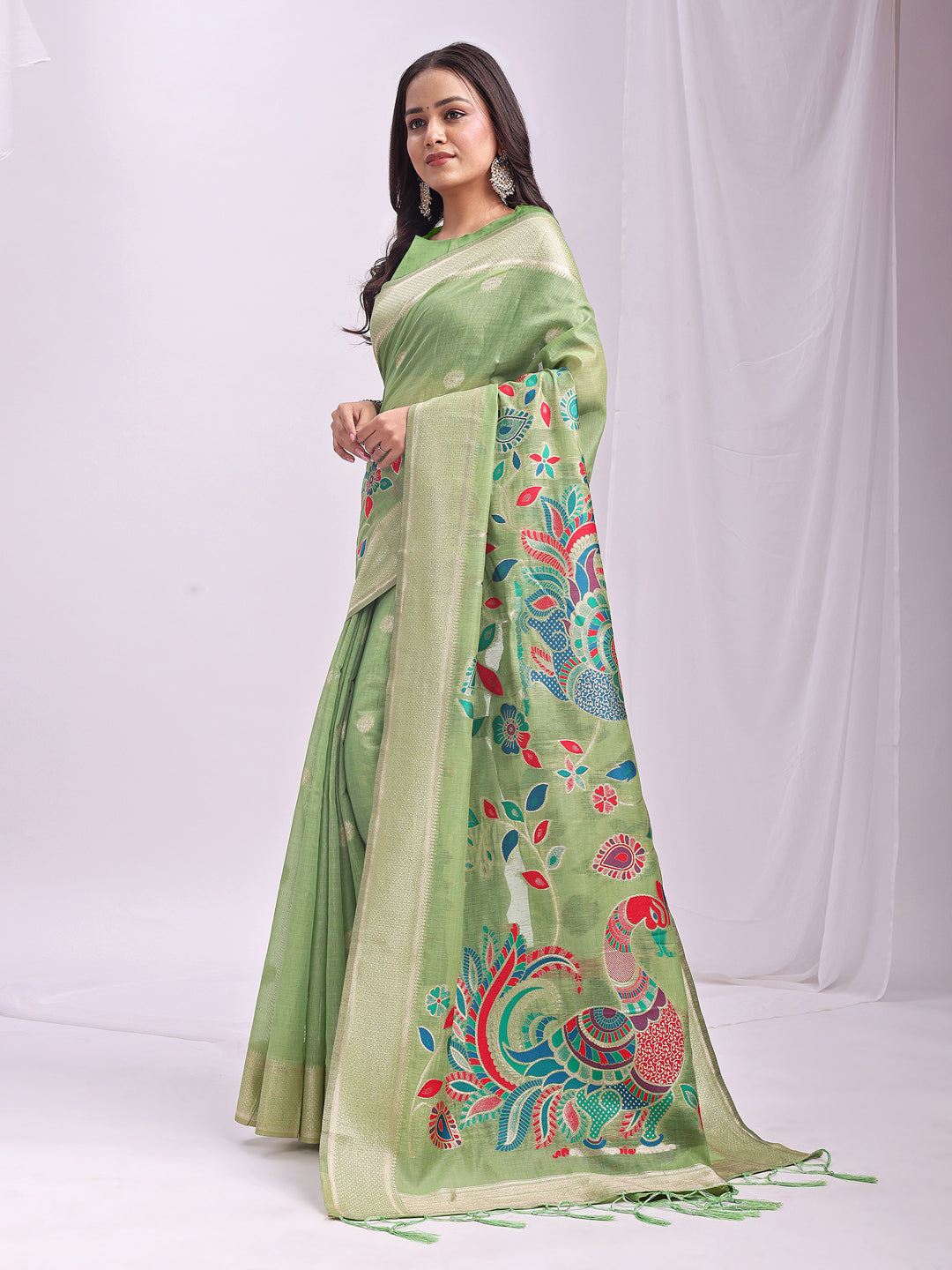 Mayurika Linen Cotton (Light Green) Ready To Wear Pocket Saree