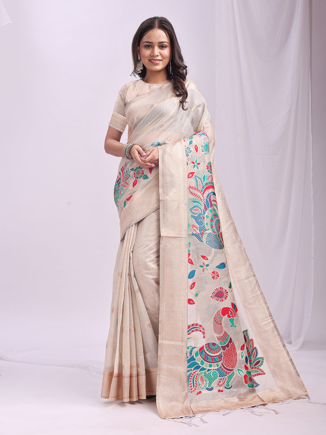 Mayurika Linen Cotton (Cream) Ready To Wear Pocket Saree