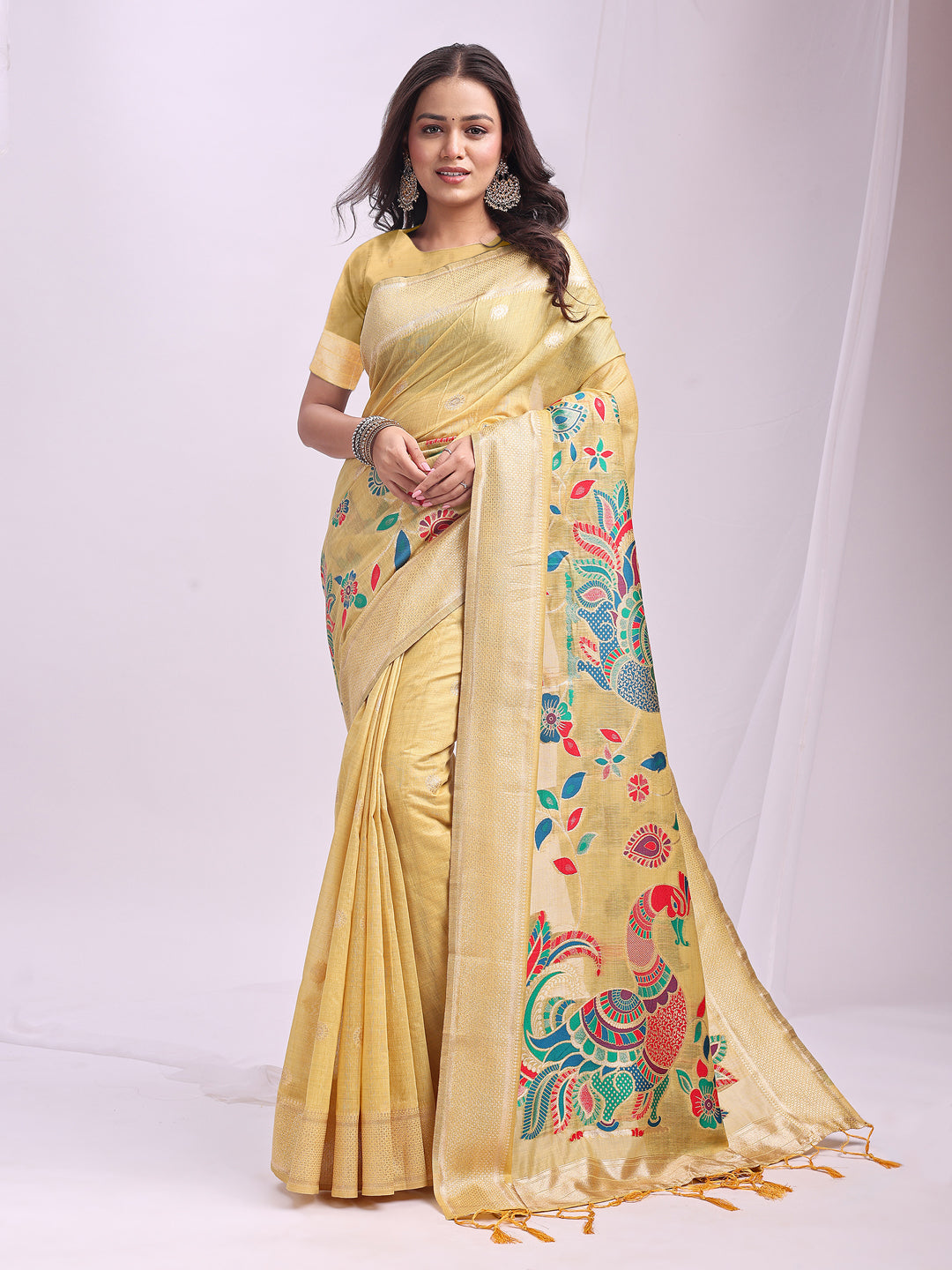 Mayurika Linen Cotton (Yellow) Ready To Wear Pocket Saree