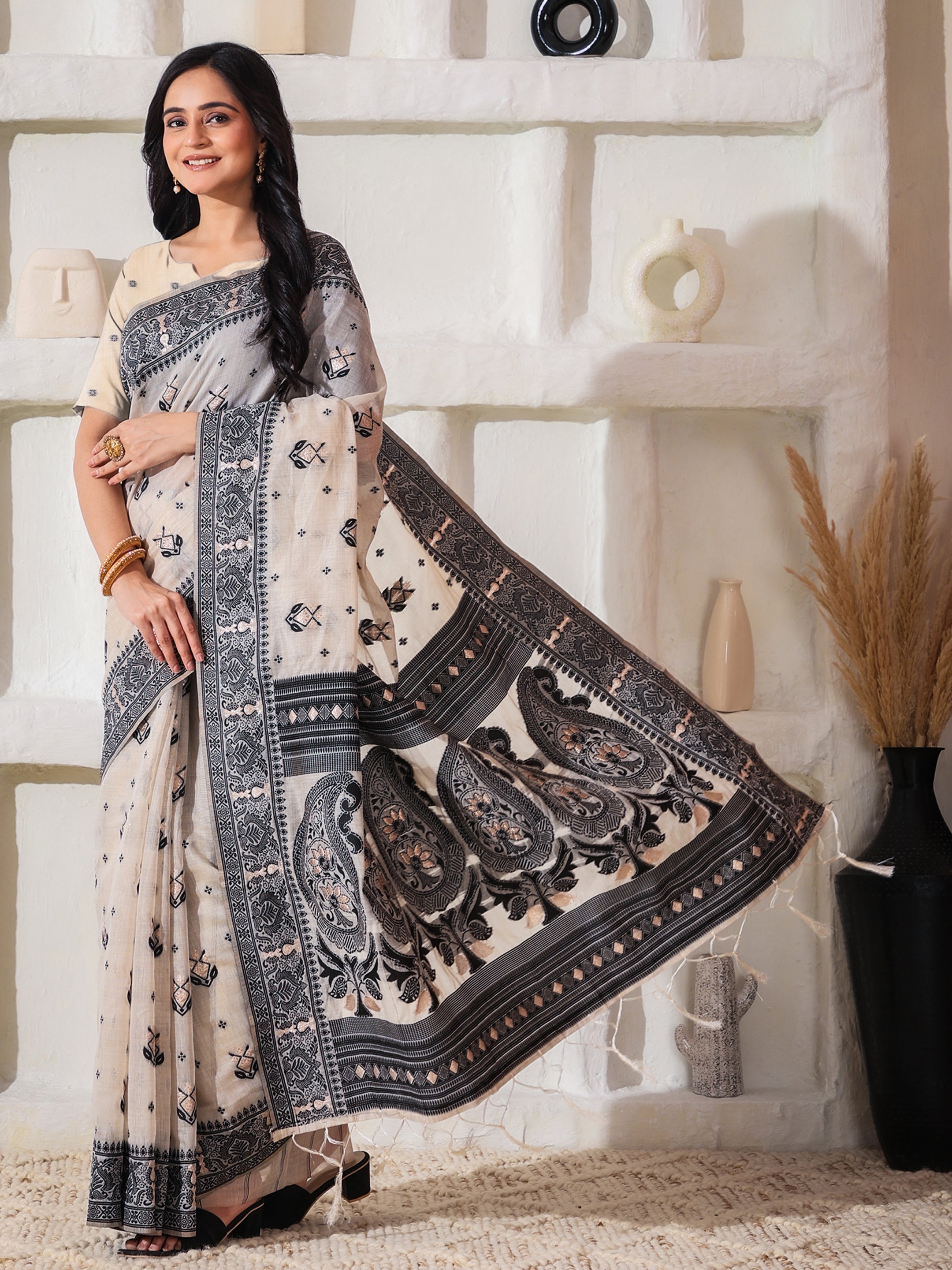 Charcoal Charm Linen Cotton Ready To Wear Pocket Saree