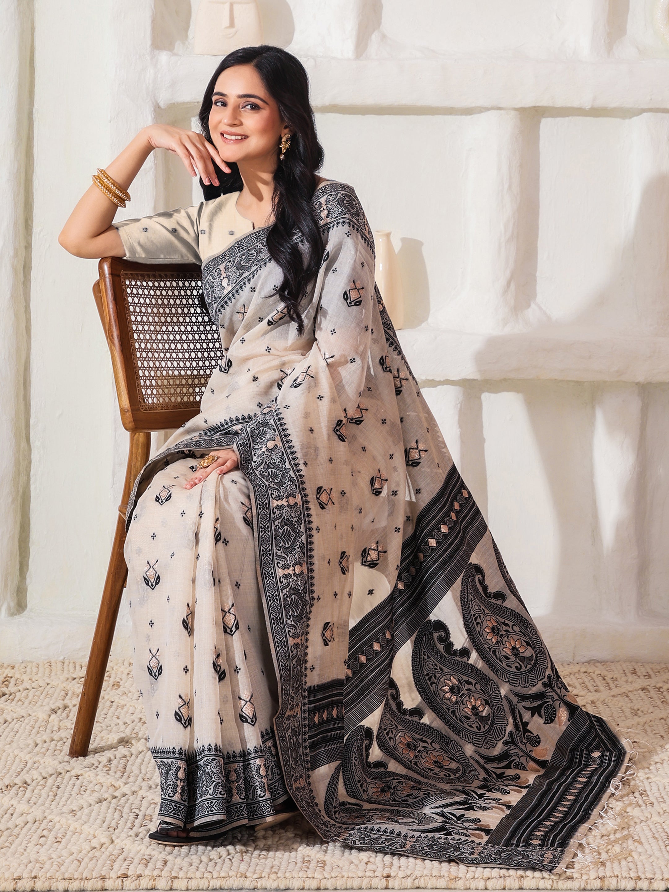 Charcoal Charm Linen Cotton Ready To Wear Pocket Saree