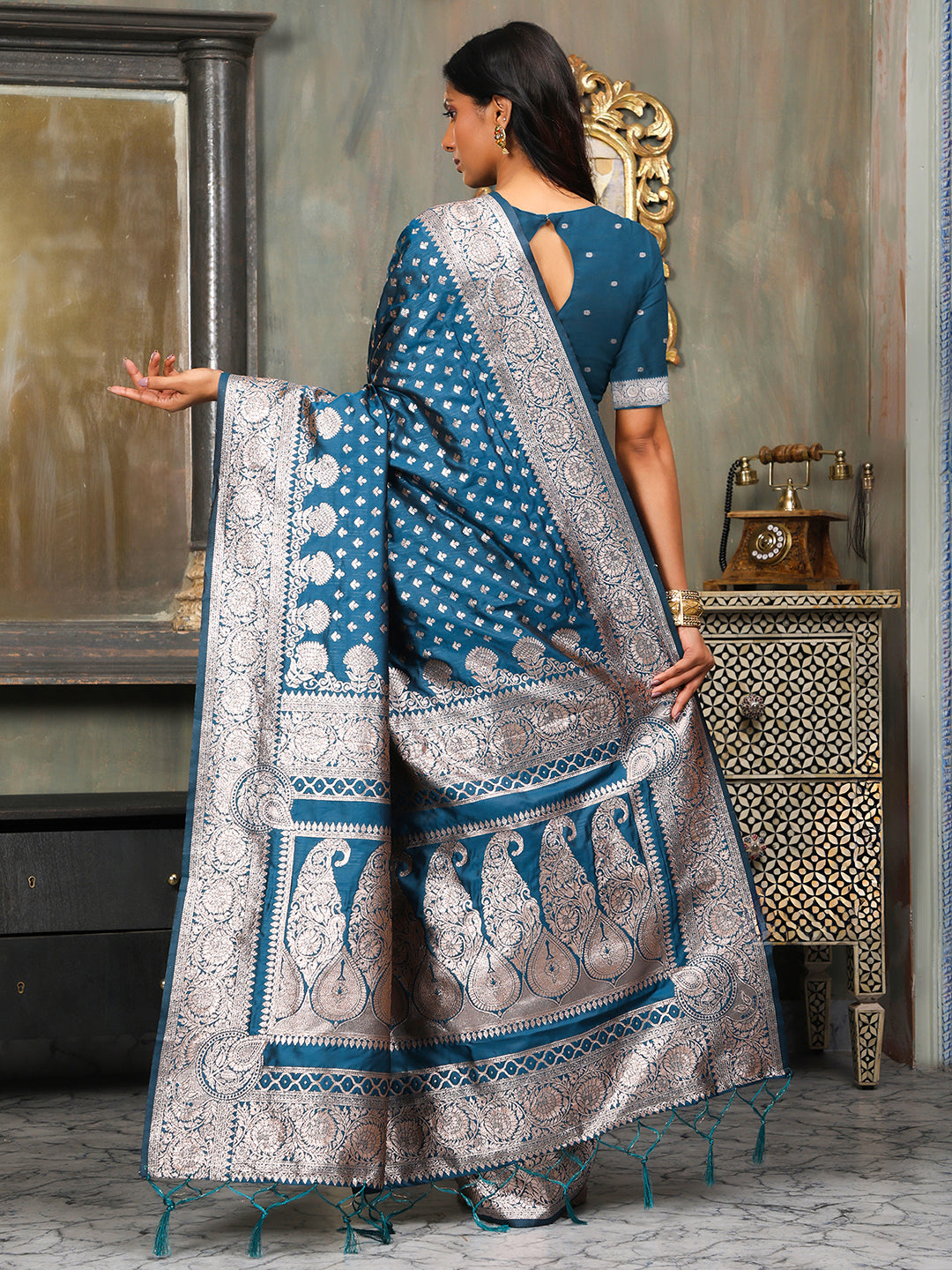 Silk Majesty Blue Ready To Wear Pocket Saree