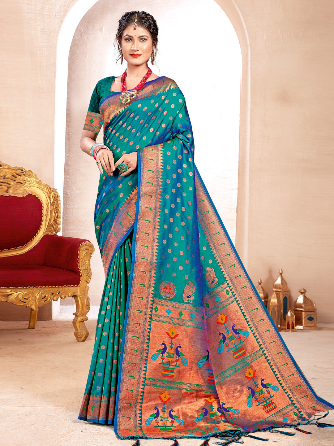 Regal Radiance (F) Powerloom Paithani Silk Ready To Wear Pocket Saree