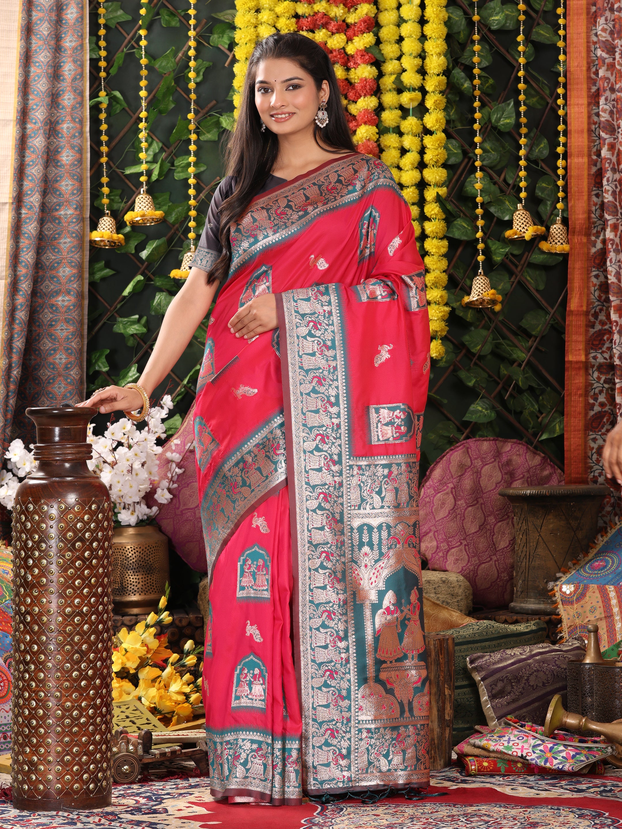 Rajwada Tales Magenta Pink Silk Ready To Wear Pocket Saree