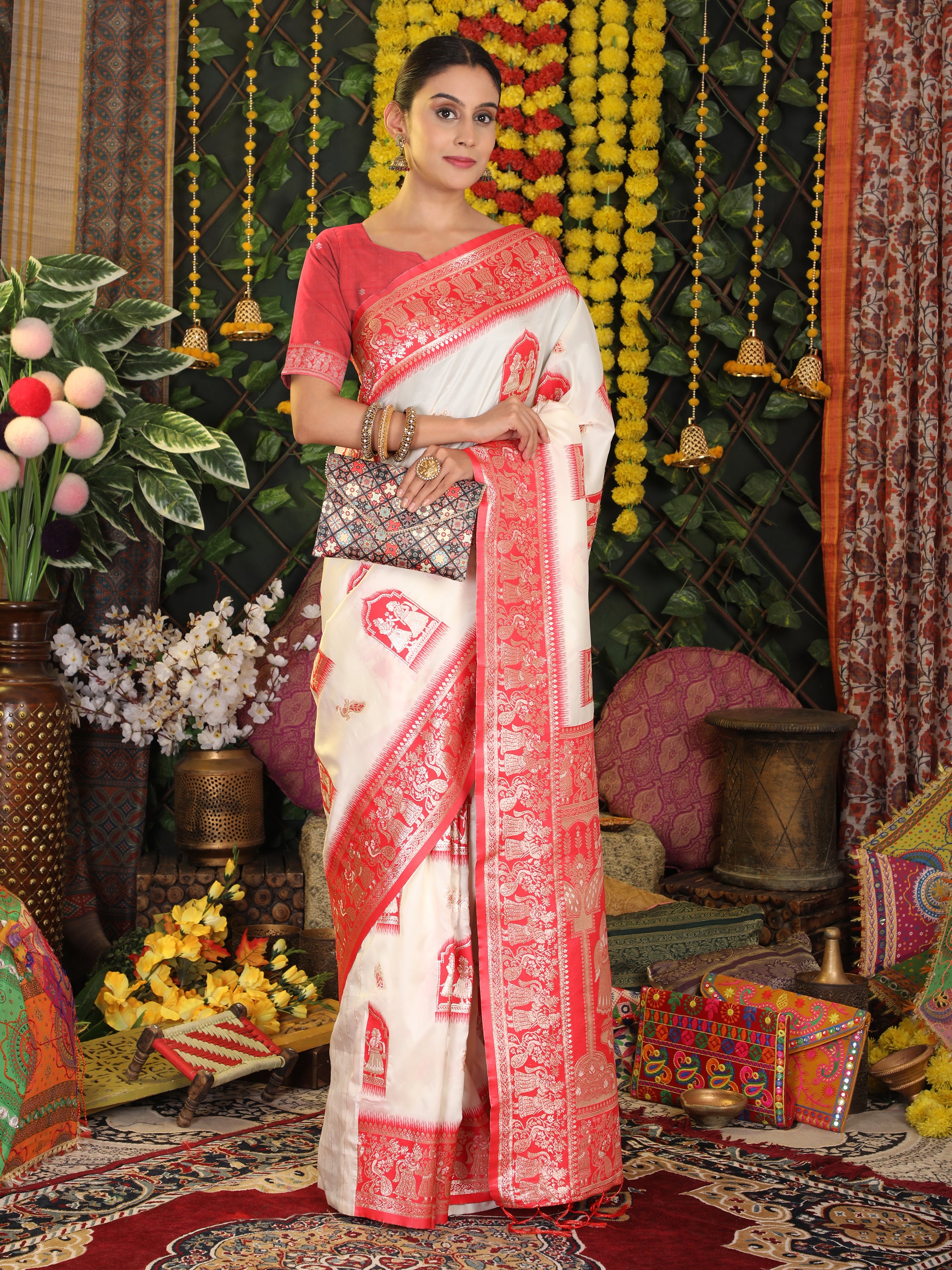 Rajwada Silk White Silk Ready To Wear Pocket Saree