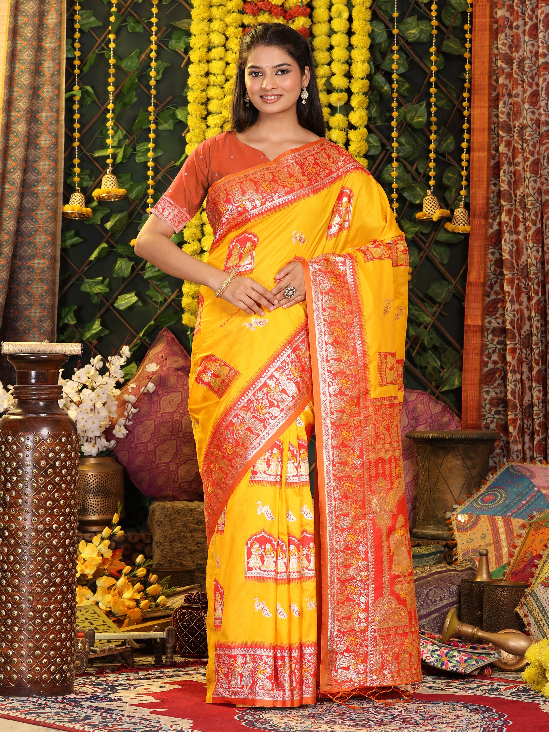 Rajwada Tales Yellow Silk Ready To Wear Pocket Saree