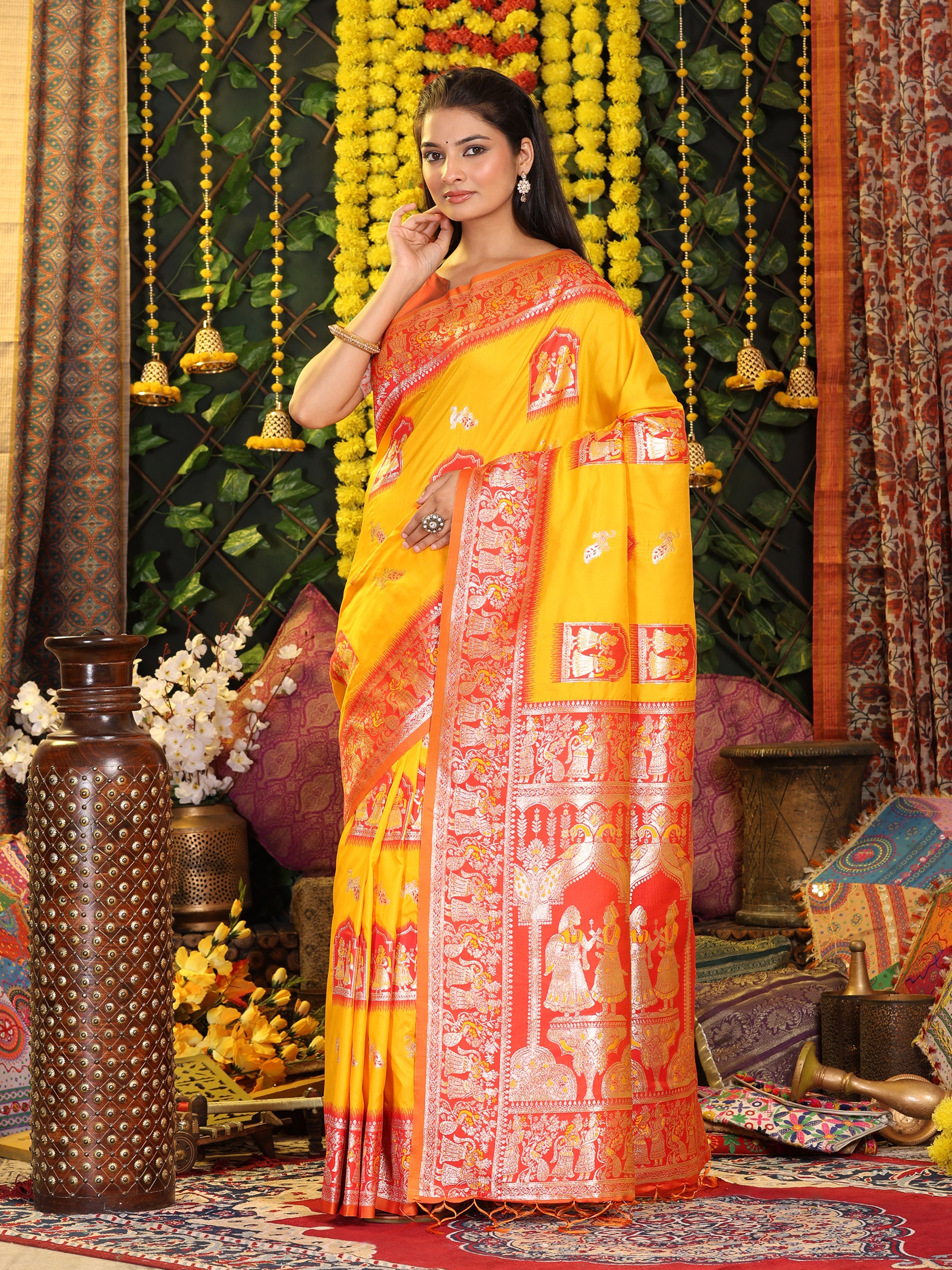 Rajwada Tales Yellow Silk Ready To Wear Pocket Saree