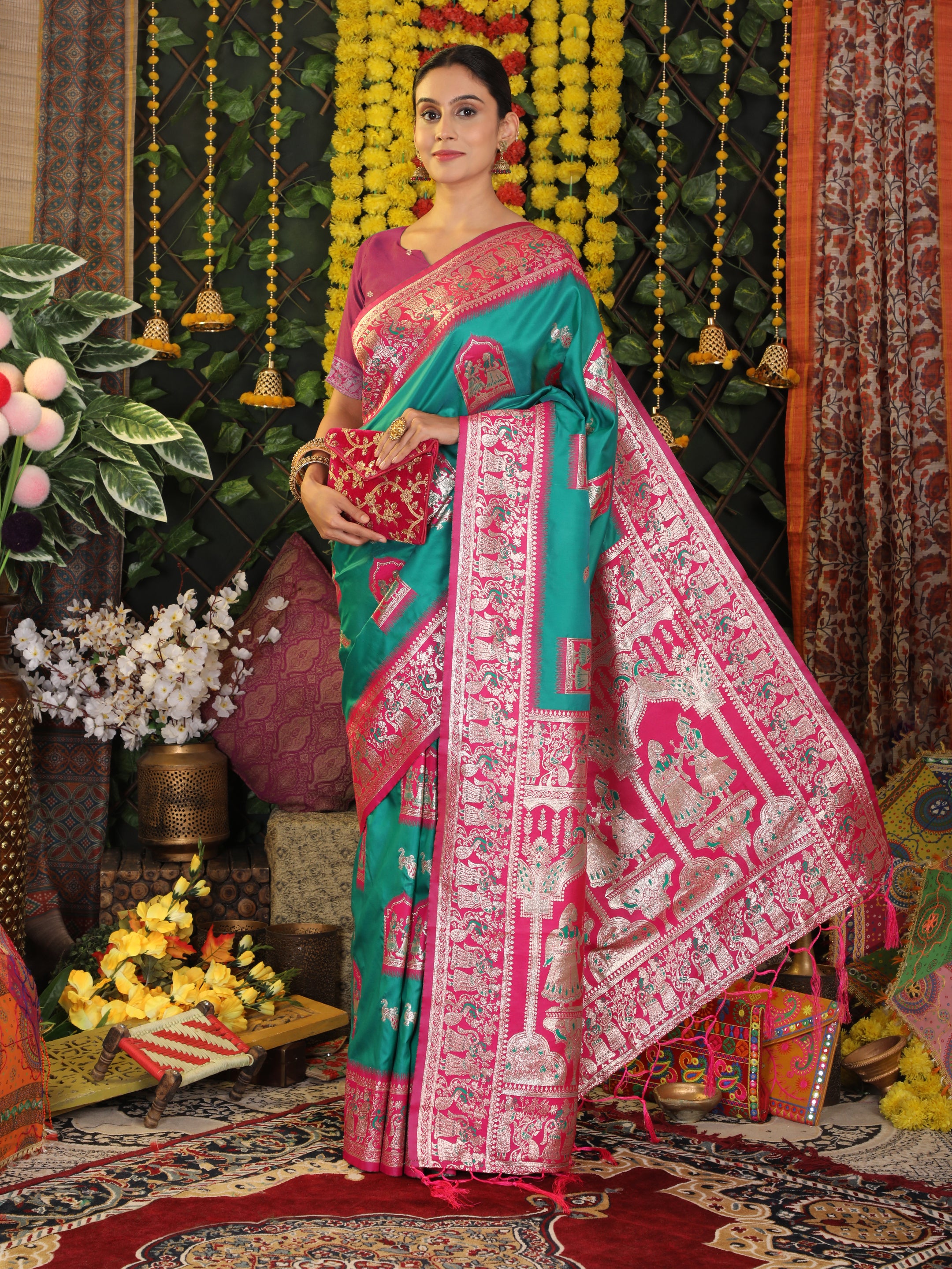 Rajwada Tales Sea Green silk Ready To Wear Pocket Saree