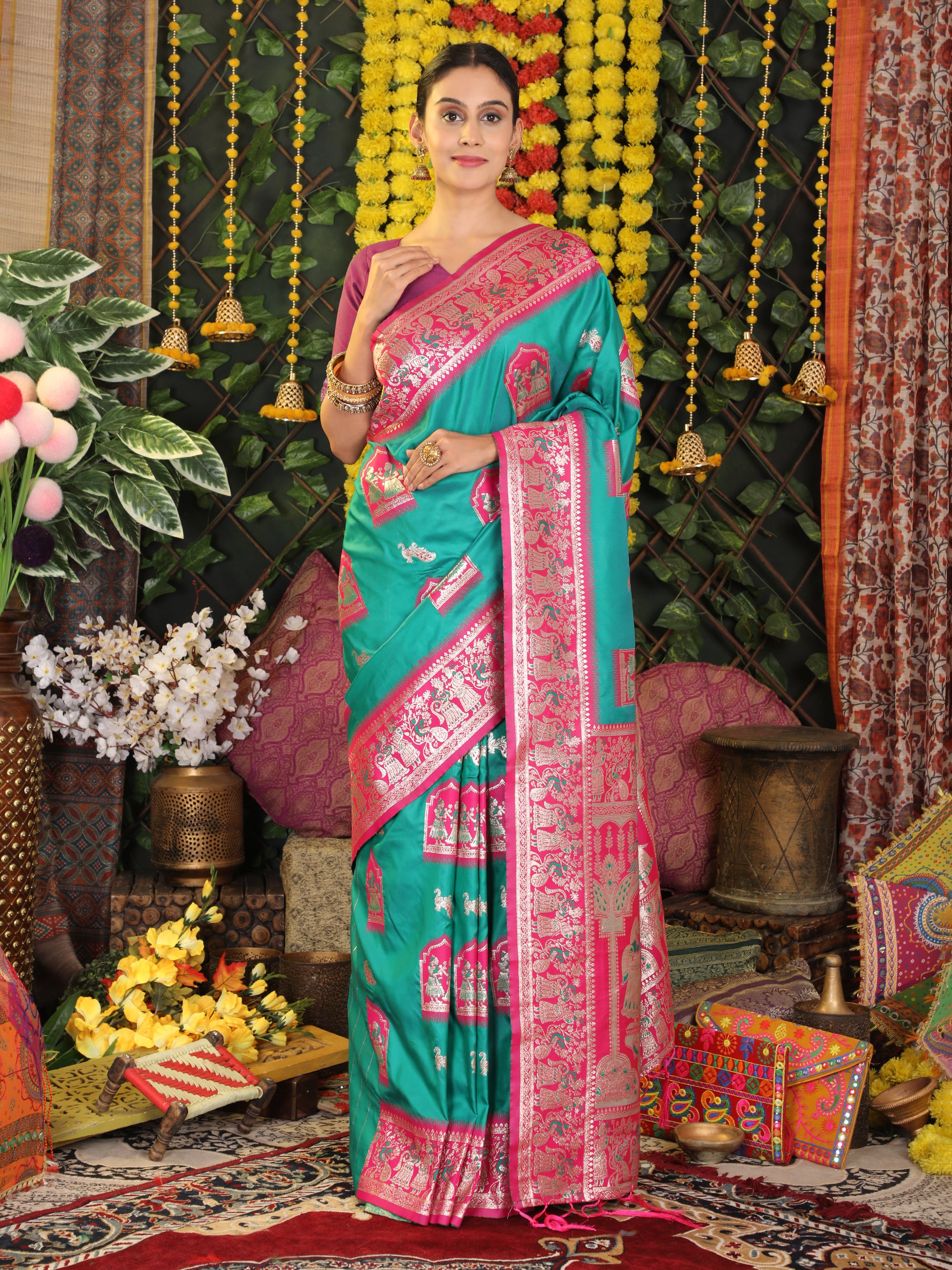 Rajwada Tales Sea Green silk Ready To Wear Pocket Saree