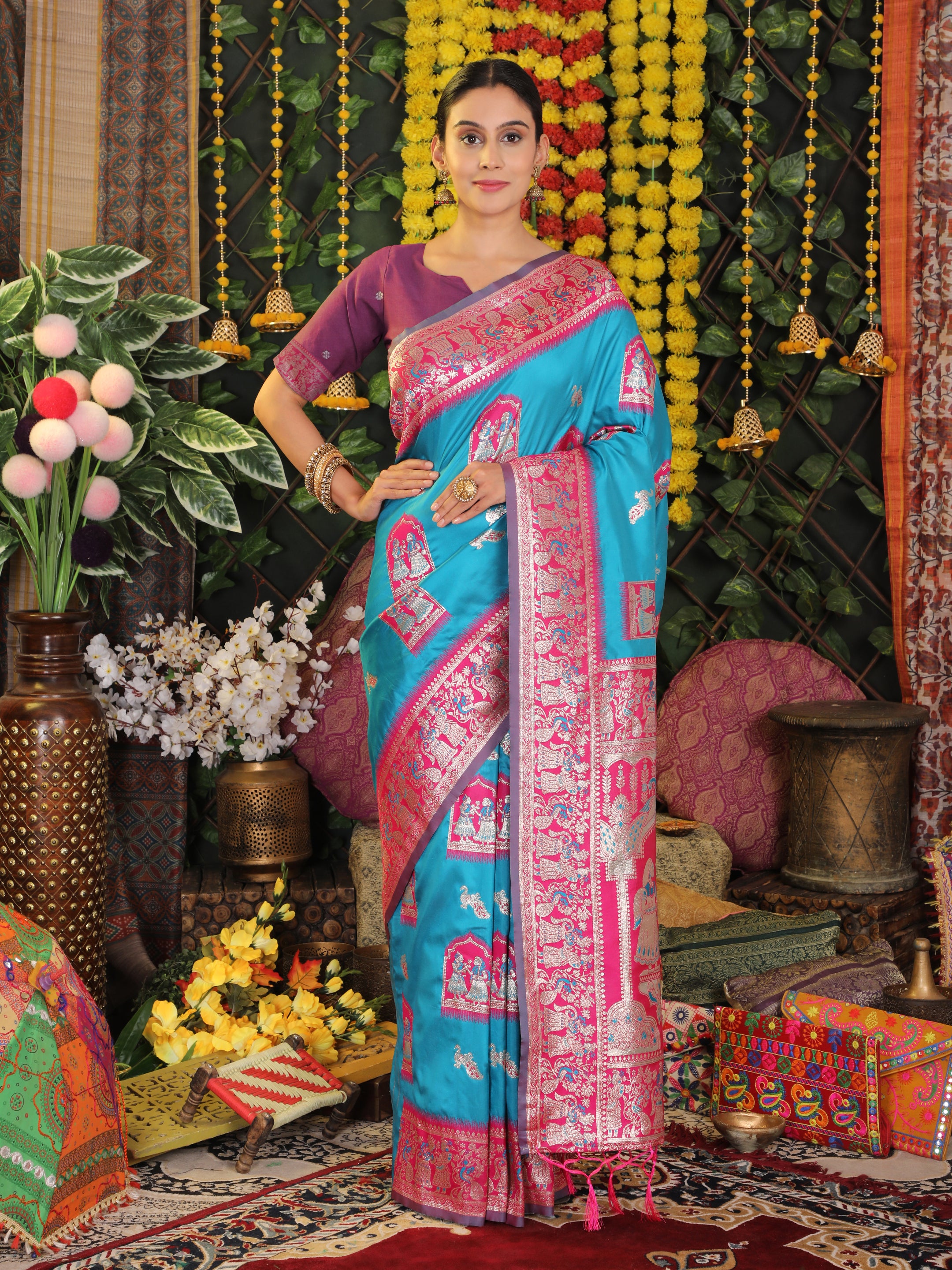 Rajwada Tales Sky Blue Silk Ready To Wear Pocket Saree