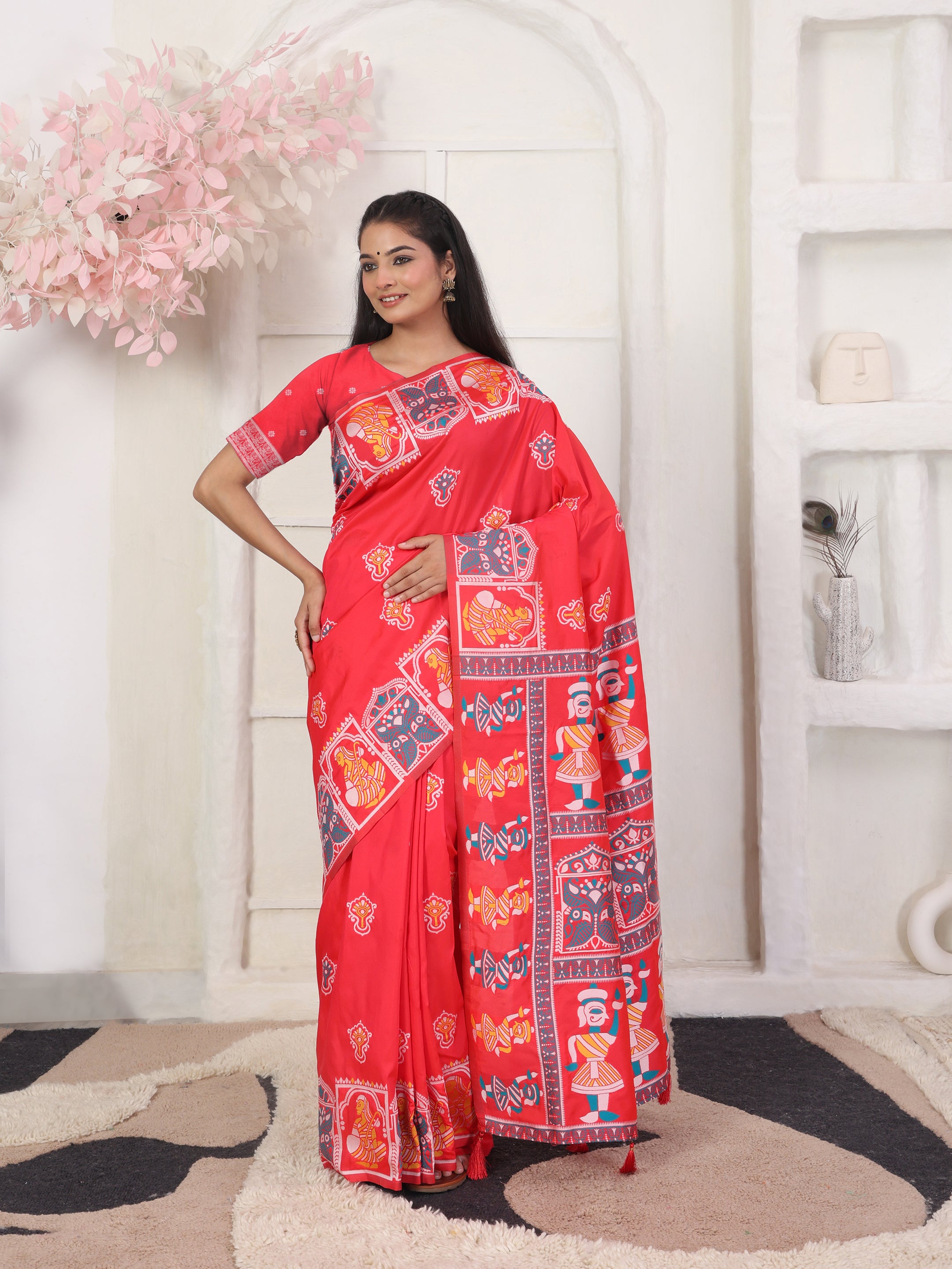 Nritya Katha Vermilion Red Ready To Wear Pocket Saree