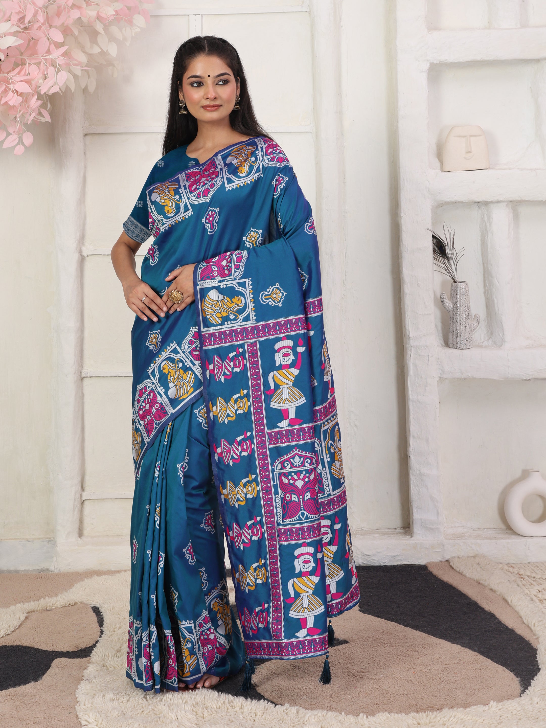 Nritya Katha Teal Blue Silk Ready To Wear Pocket Saree